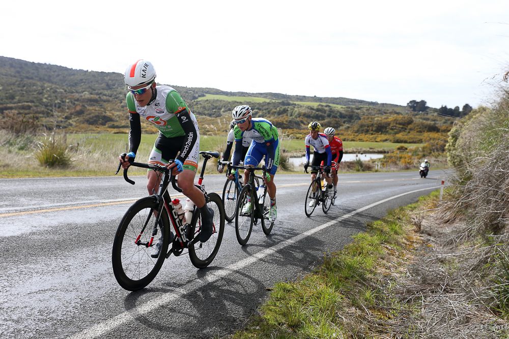 Logan Griffin of Auckland out front of the breakaway group as it heads towards Tuatapere during stage three of the Tour of Southland