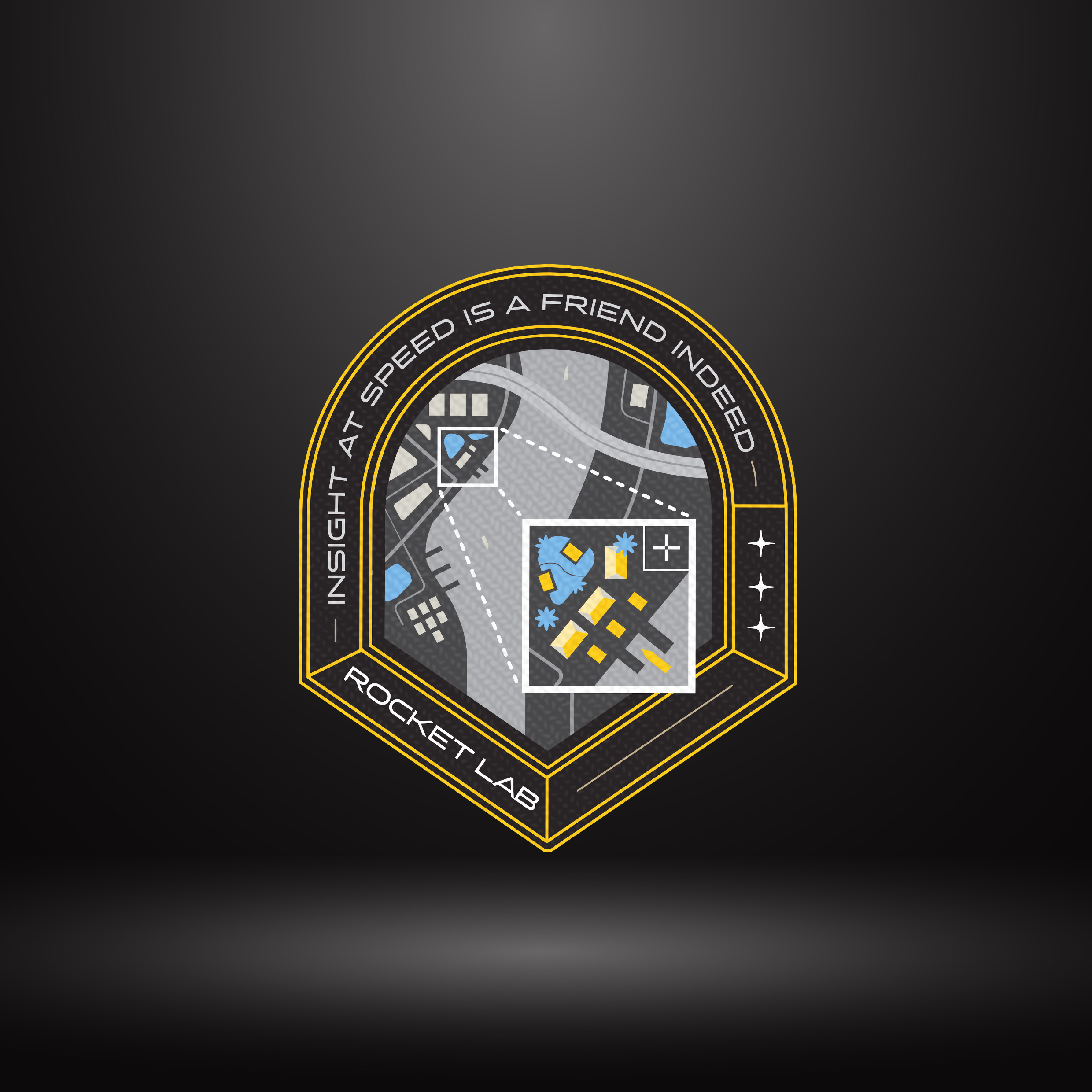 A dark mission patch showing a map with a zoomed in square.