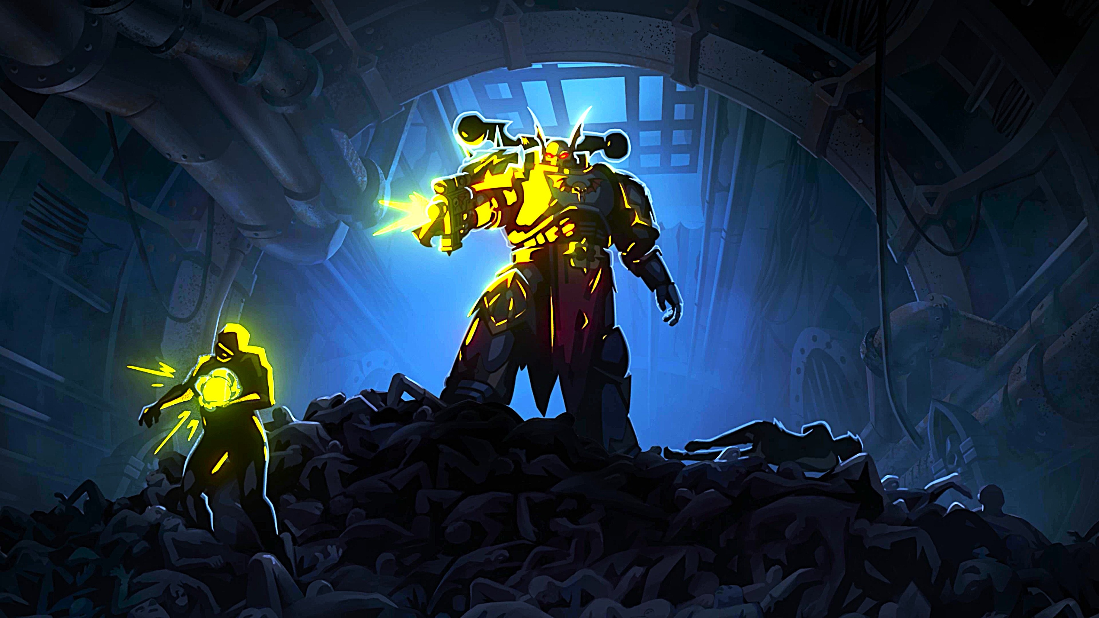 Edited trailer screenshot of a Night Lord Chaos Space Marine murdering people in Warhammer 40,000: Dark Heresy.