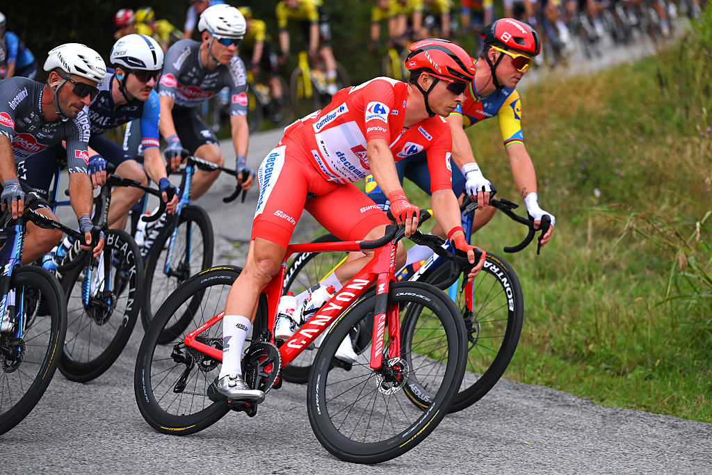 LIMONE PIEMONTE, ITALY - AUGUST 24: Jasper Philipsen of Belgium and Team Alpecin - Deceuninck - Red Leader Jersey competes during the La Vuelta - 80th Tour of Spain 2025, Stage 2 a 159.5km stage from Alba to Limone Piemonte 1389m / #UCIWT / on August 24, 2025 in Limone Piemonte, Italy.