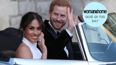 Duchess of Sussex and Prince Harry, Duke of Sussex wave as they leave Windsor Castle after their wedding to attend an evening reception at Frogmore House, hosted by the Prince of Wales on May 19, 2018 in Windsor, England. (Photo by Steve Parsons - WPA Pool/Getty Images)
