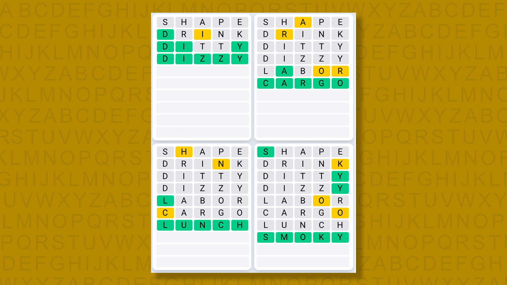 Quordle Daily Sequence answers for game 1389 on a yellow background