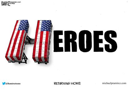 Editorial cartoon U.S. military veterans service heroes returning home