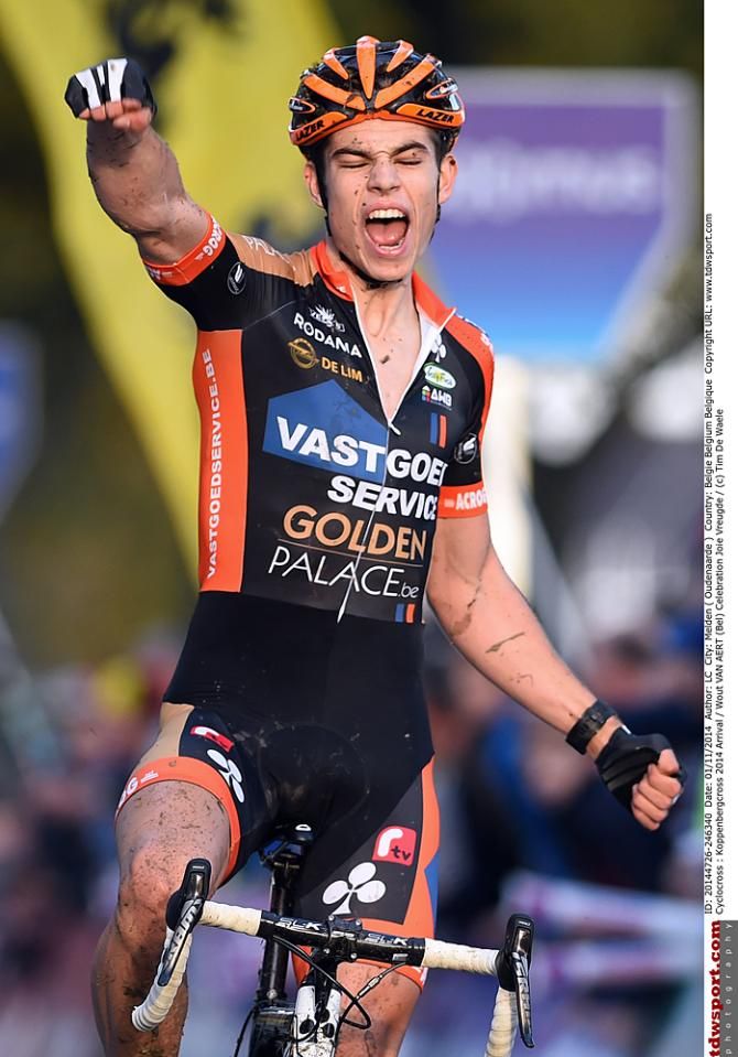 Wout Van Aert (Vastgoedservice - Golden Palace Cycling Team) wins the two-man sprint at the Koppenbergcross finish line