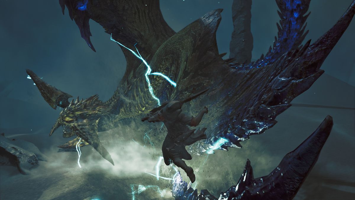 The player getting thrown back by Rey Dau, one of the new monsters of Monster Hunter Wilds.