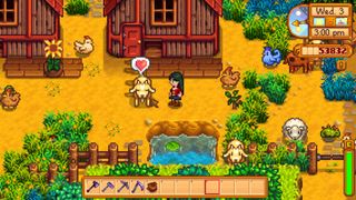 Stardew Valley farmer interacting with her Goat, which has a little heart over its head from improving affection levels.