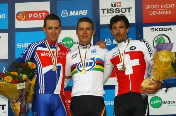 The elite men time trial podium: Bradley Wiggins, Tony Martin and Fabian Cancellara