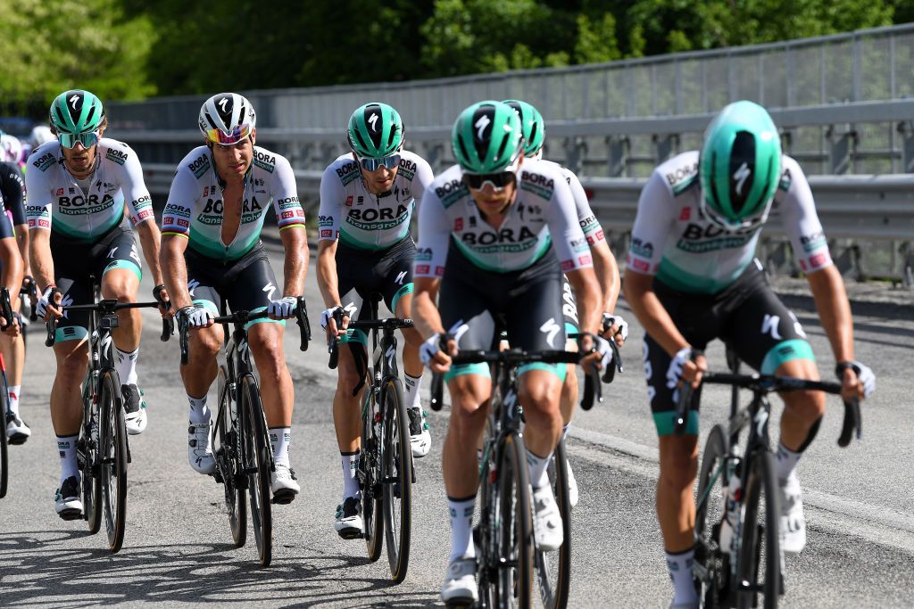 FOLIGNO ITALY MAY 17 Felix Groschartner of Austria Peter Sagan of Slovakia Daniel Oss of Italy and Team Bora Hansgrohe during the 104th Giro dItalia 2021 Stage 10 a 139km stage from LAquila to Foligno girodiitalia Giro on May 17 2021 in Foligno Italy Photo by Tim de WaeleGetty Images