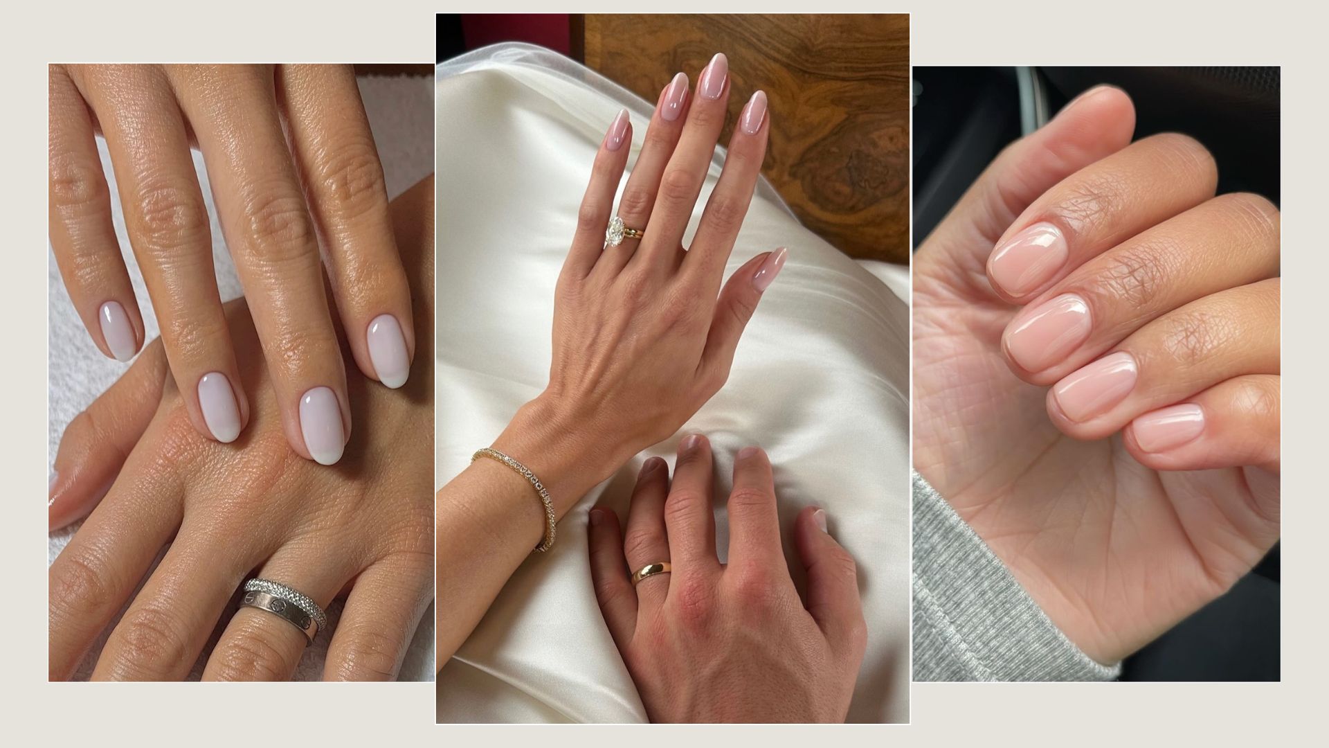 A collage of neutral engagement manicure ideas