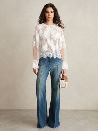 Lace Flared-Cuff Blouse in Ivory