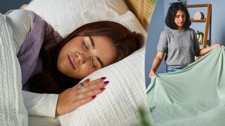 On the left, a close up of a women sleeping soundly in bed. On the right, a woman holds a sheet as she makes the bed