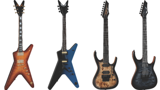 Dean Guitars' (from left) USA Custom Shop ML 79 Anejo Burst, ML 79 Black Blue Fade, Exile Select 7 Floyd Influence Natural Black Burst, and Exile Select Archtop Satin Black Burst