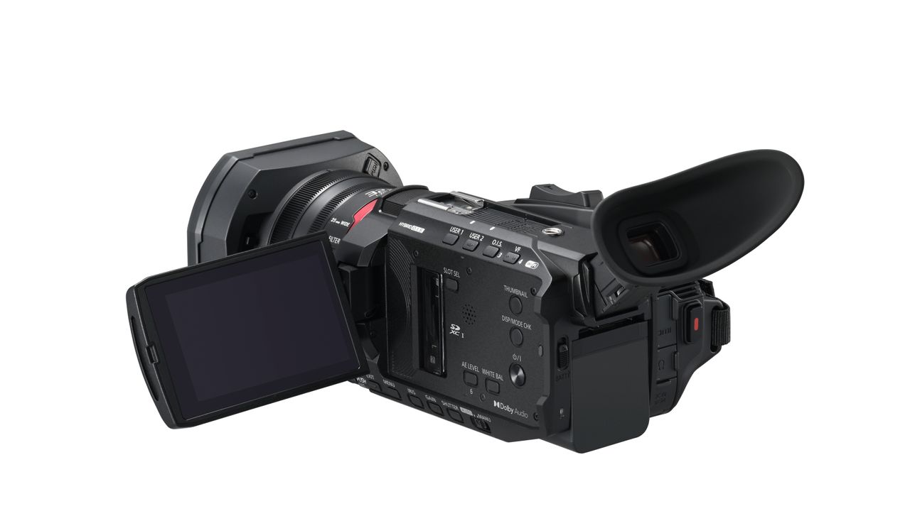 The Panasonic HC-X1600 on a white background with the LCD screen tilted