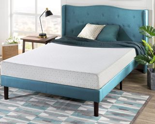 Zinus Green Tea mattress on bed with teal bed frame