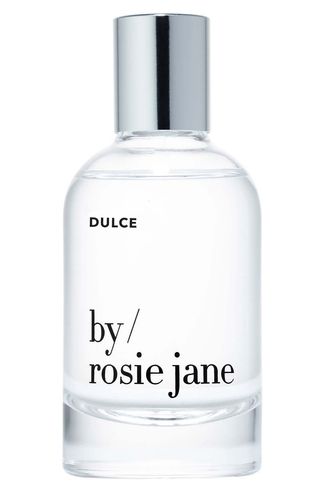 By Rosie Jane Dulce Eau De Parfum clear perfume bottle with metallic silver cap on white background 