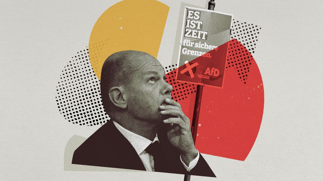 Photo collage of German Chancellor Olaf Scholz looking pensively at an AfD campaign poster. It reads &quot;it&#039;s time for secure borders&quot; in German.