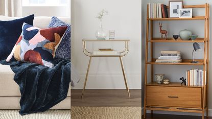 A three-panel image showing items on sale in the West Elm Warehouse Clearance salesale