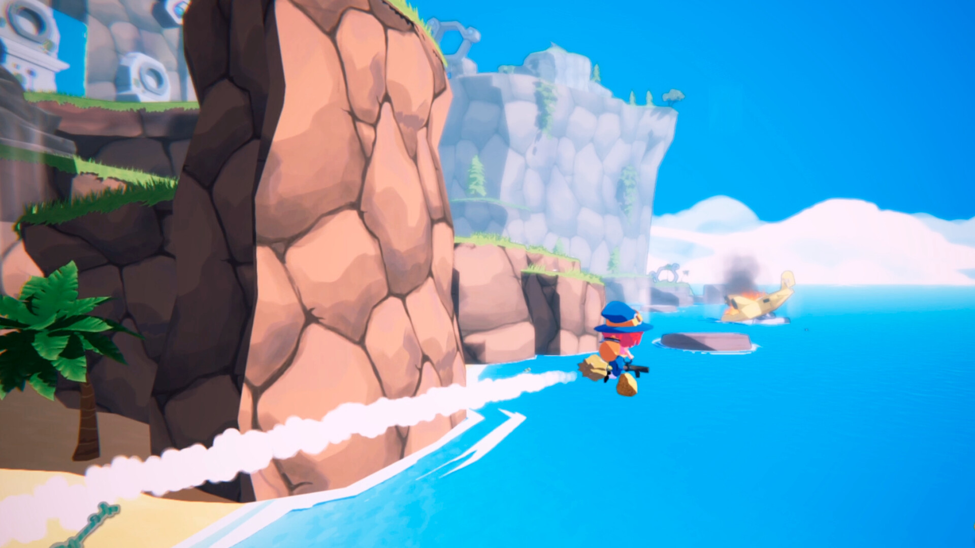 Mika rounding a cliff while flying over the ocean.