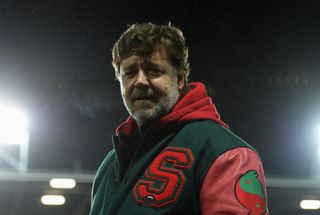 Actor and co-owner of South Sydney Rabbitohs Russell Crowe looks on prior to the World Club Challenge match between St Helens and South Sydney Rabbitohs at Langtree Park in February 2015.