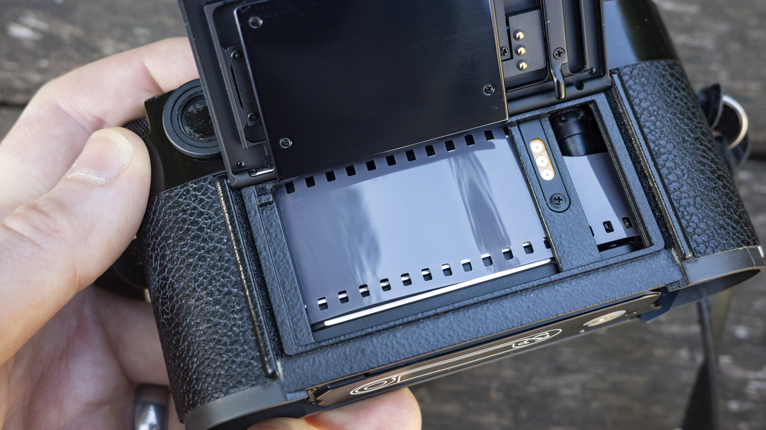 Closeup of the Leica MP inside with film loaded