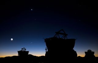 On the morning of May 1, 2011, four planets and the moon could be seen in the sky over the Paranal observing site of the European Southern Observatory, in the Chilean desert of Atacama. From top to bottom between the left and center telescopes in the phot
