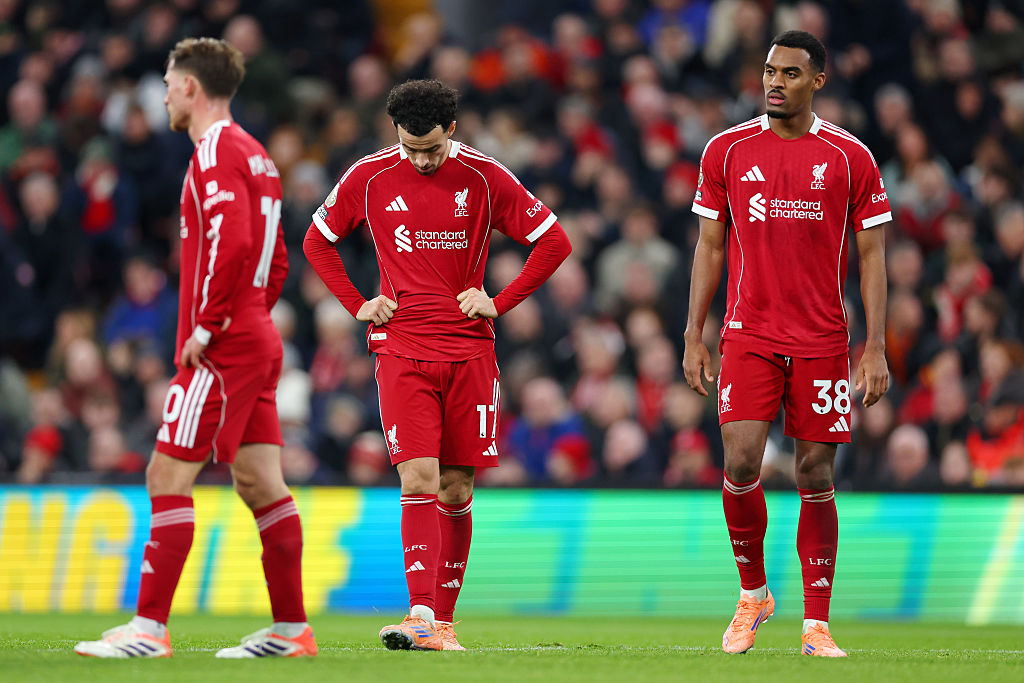 LIVERPOOL, ENGLAND - NOVEMBER 22: Curtis Jones of Liverpool looks dejected during the Premier League match between Liverpool and Nottingham Forest at Anfield on November 22, 2025 in Liverpool, England. (Photo by Molly Darlington/Getty Images)