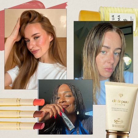 A collage of @victoria, @sharmadeanreid and @harrietwestmoreland alongside products from Byfrow, Acqua di Parma and Cle de Peau