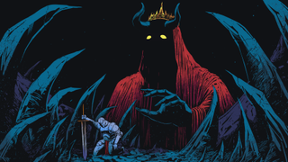 The demon king descending on a tired adventurer in He Is Coming.