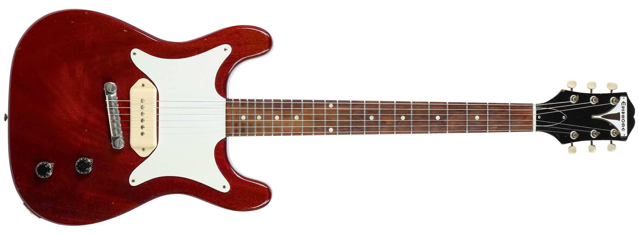A profile shot of 1960 Epiphone Coronet in cherry red. This electric guitar has a lot of mojo with its white pickguard and cream pickup.