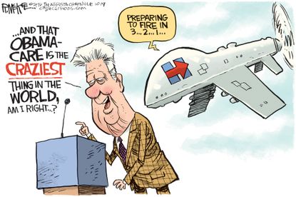 Political cartoon U.S. 2016 election Hillary Clinton Bill Clinton obamacare speech