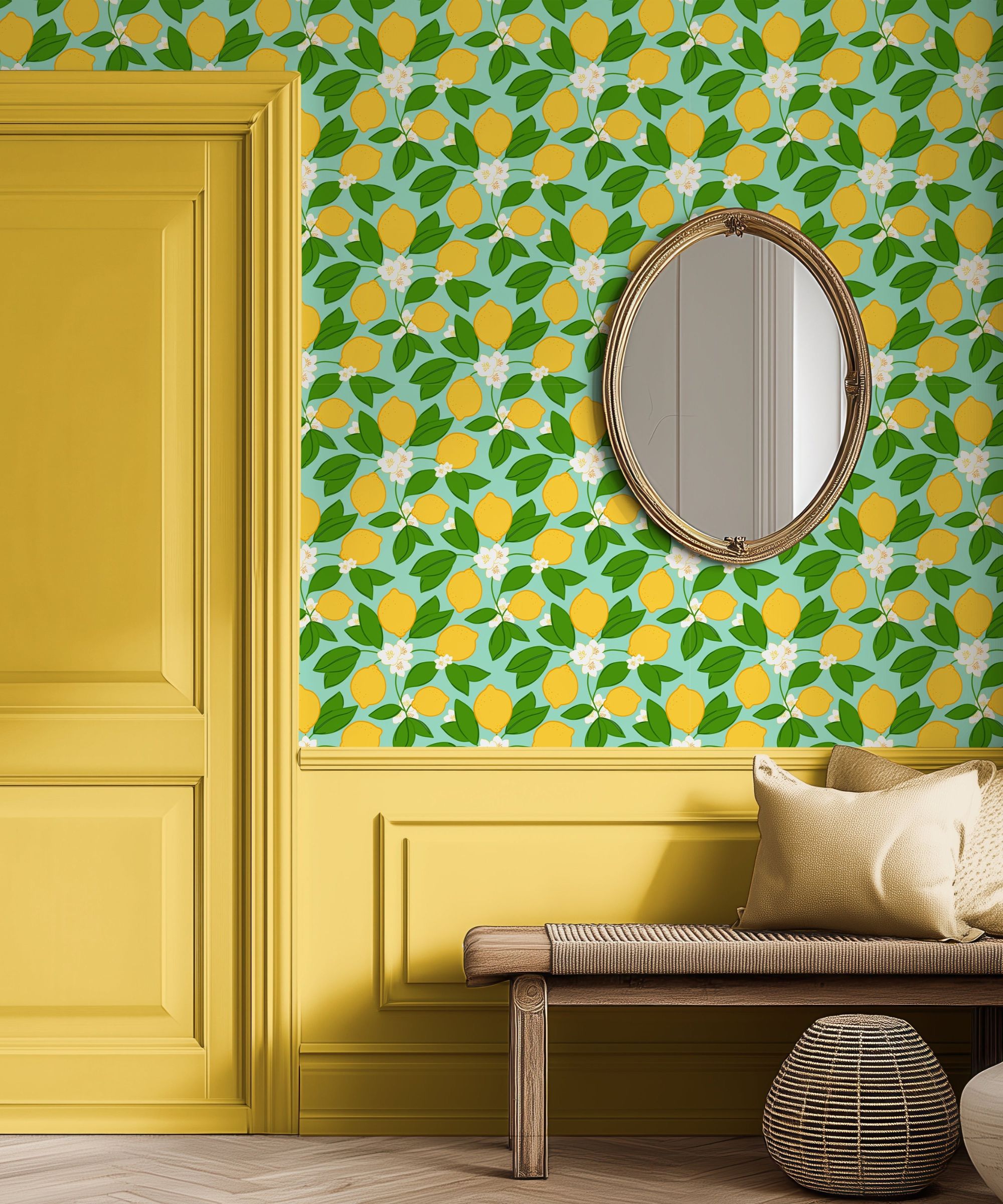 Bright wallpaper with yellow lemons and green leaves above yellow panelling, next to a mirror and bench.