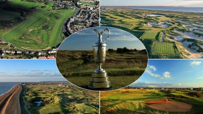 Four links golf courses and the Claret Jug trophy centered
