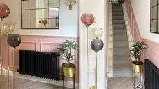 Two images of an entryway with pink wall panelling