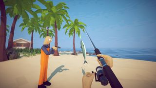 How to Fish promotional image showing a player holding a fishing rod with a fish on the hook while another player called melvin aims a pistol at it