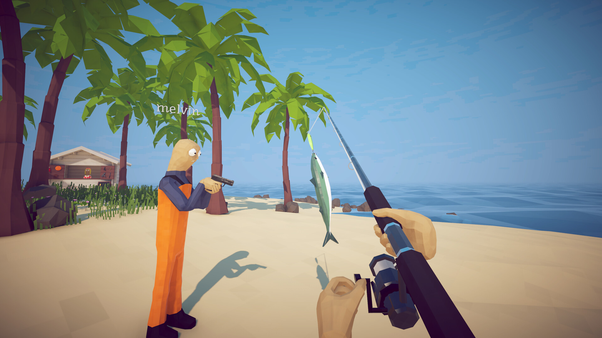 How to Fish promotional image showing a player holding a fishing rod with a fish on the hook while another player called melvin aims a pistol at it