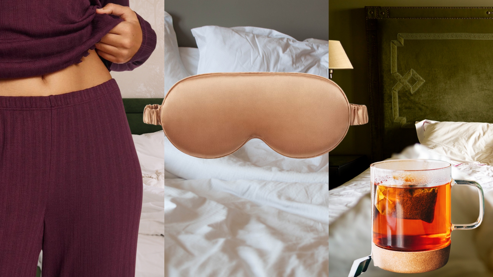 collage of beds with pajamas, tea, and sleeping mask