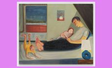 painting of man on bed reading to children, from New York exhibition exploring the meaning of home
