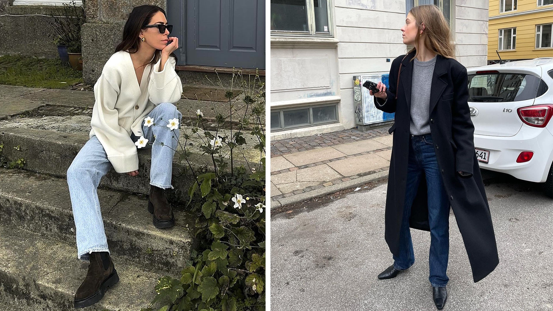 fashion collage of two style influencer Jessica Skye and Clara Dyrhauge wearing chic sweater, jeans, and boots outfits for 2026