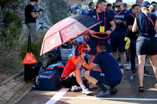 PICO VILLUERCAS, SPAIN - AUGUST 20: Thymen Arensman of The Netherlands and Team INEOS Grenadiers reacts after the La Vuelta - 79th Tour of Spain 2024, Stage 4 a 170.5km stage from Plasencia to Pico Villuercas 1544m / #UCIWT / on August 20, 2024 in Pico Villuercas, Spain. (Photo by Dario Belingheri/Getty Images)