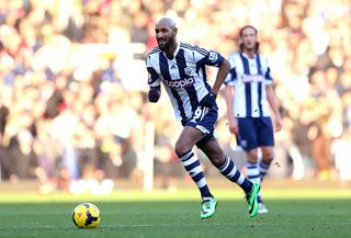 Nicolas Anelka of West Brom on the ball during the Barclays Premier League match between West Ham United and West Bromwich Albion at Boleyn Ground on December 28, 2013 in London, England.