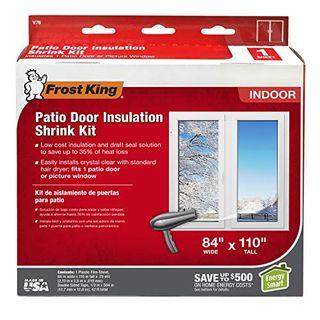 A red cardboard box of Frost King V76h Shrink Window Kit 84-Inch by 110-Inch, Clear