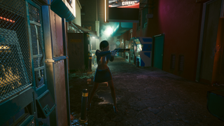 Cyberpunk 2077 V showing off in alley