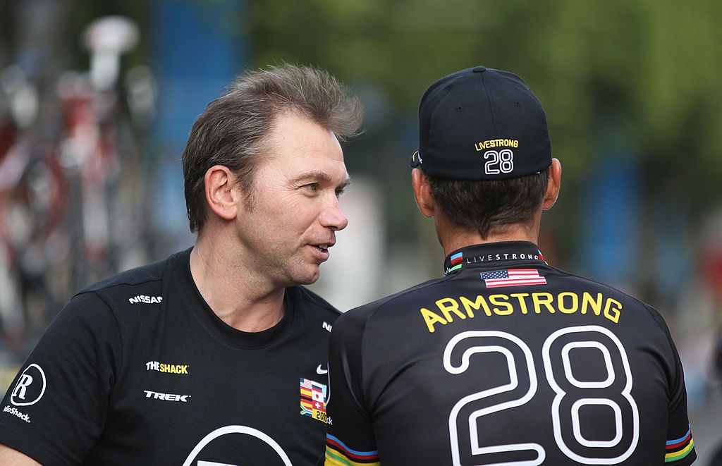 Johan Bruyneel and Lance Armstrong after the 2010 Tour de France
