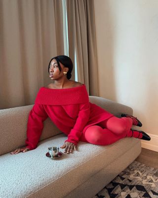 Influencer wears a red-coloured winter outfit