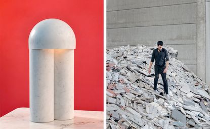 Marble lamp on a marble table in front of a red wall and Nikhil Paul walking on a pile of marble off-cuts