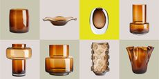 a collage of different shapes of amber glass vases from H&M Home