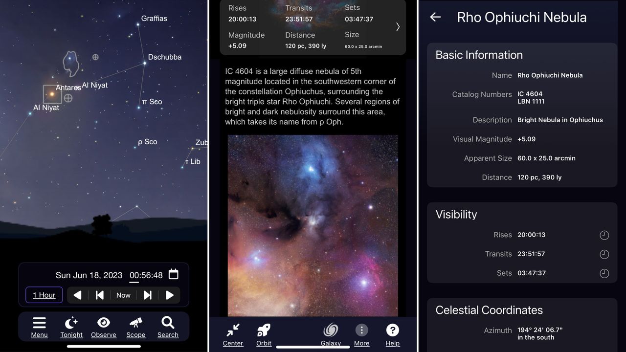 Screen showing how to select an object from the night sky and zoom in on its detail, using a nebula cloud as an example.