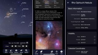 Screen showing how to select an object from the night sky and zoom in on its detail, using a nebula as an example.