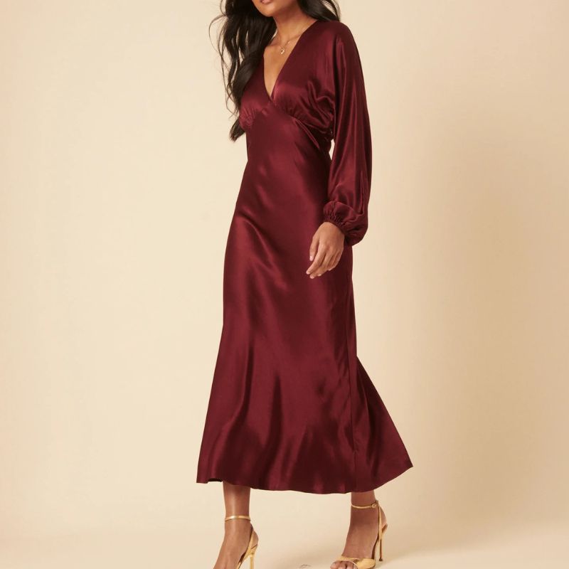 Nobody&#039;s Child , Burgundy Satin Allura Midi Dress