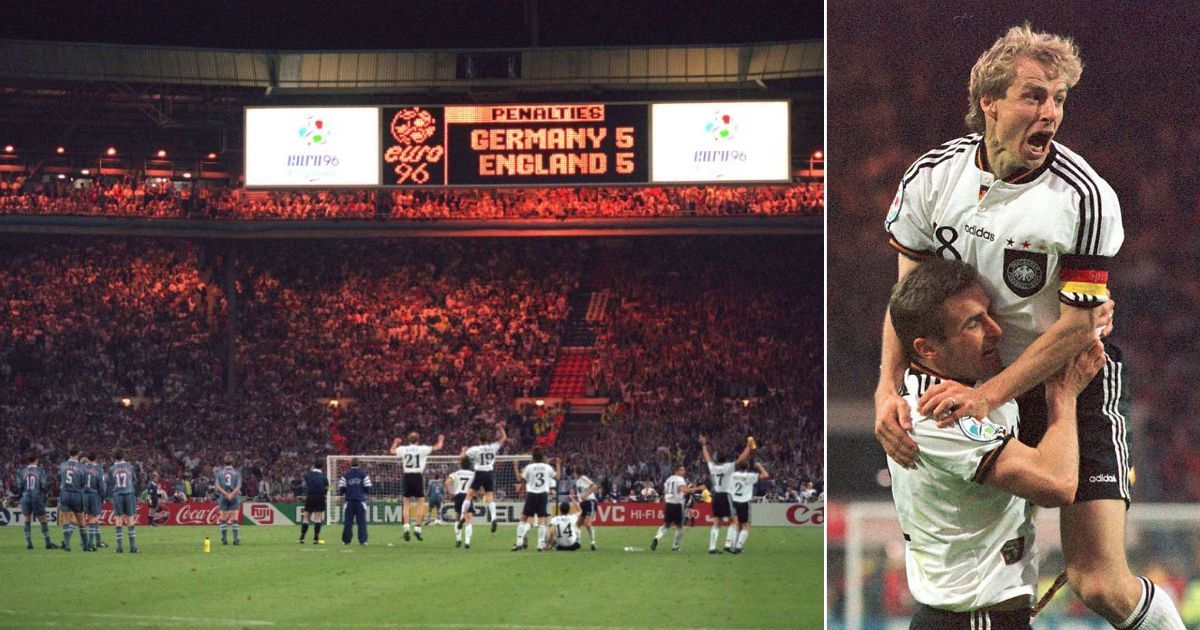 German team captain Juergen Klinsmann (up) celebrates with Stefan Kuntz at the end of the Euro96 soccer championship final against the Czech Republic, 30 June 1996. Germany won 2-1 with a golden goal in extra time by Oliver Bierhoff.